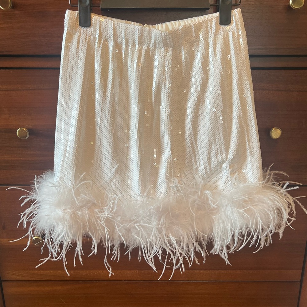 Sequin White Feather Trim Skirt